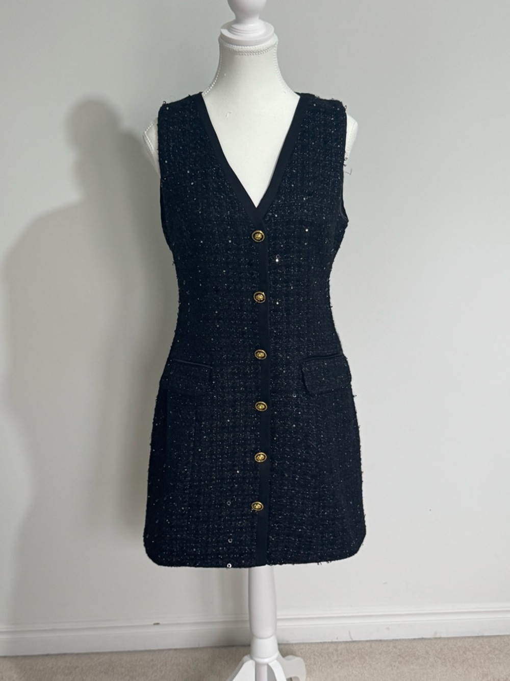 MOTF Black Tweed Sleeveless Button-Front Mini Dress